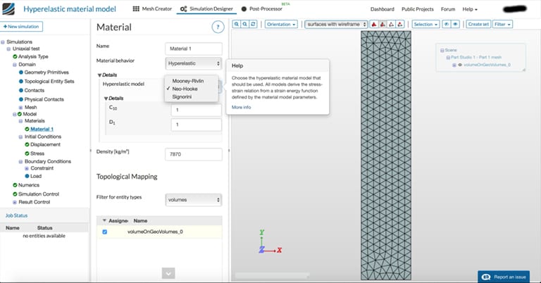 Hyperelastic material models presently offered by SimScale, Neo Hookean, Mooney Rivlin, Ogden, Yeoh, Arruda-Boyce for FEA
