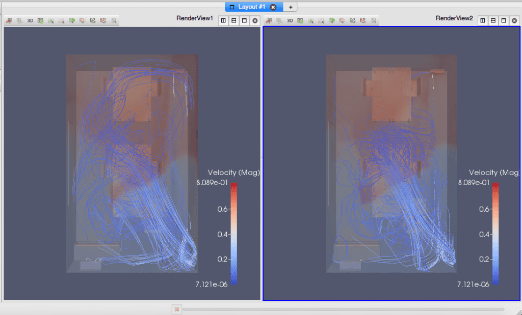 Comparison of velocity streamline for an office space with all walls adiabatic and with one not-so-well insulated external wall