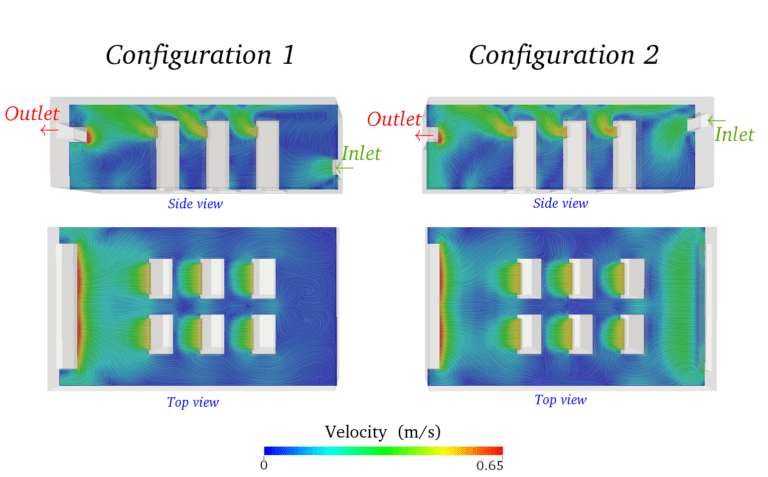 Data Center Cooling systems design configurations with CFD, velocity plot reduced air recirculation