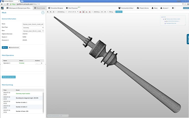 Mesh of the Olympic Tower Munich created with SimScale
