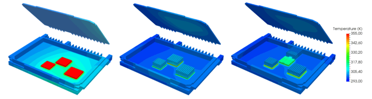 temperature distribution for different electronics enclosure design variations with heatsink, copper heatpipe, silicon thermal pads