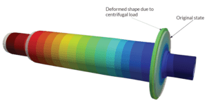 Displacement distribution for the original and deformed shape, FEA of a spindle by Carbomech with SimScale