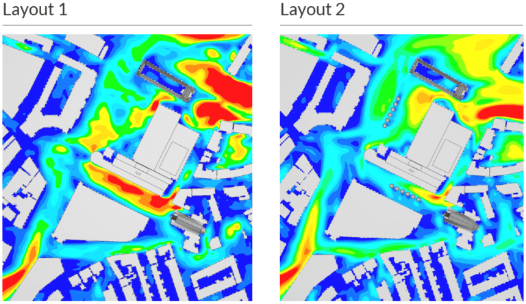 pedestrian wind comfort assessment with cfd: wind velocity plot at 2 meters height for comparison of design variations