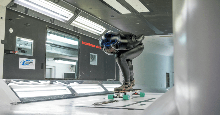 Aerodynamic design testing in HEPIA wind tunnel in Geneva, Switzerland]