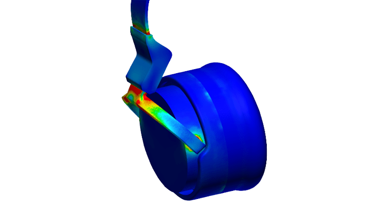 Engineering stress and true stress on a pair of headphones after impact (post-processing results of the impact analysis)