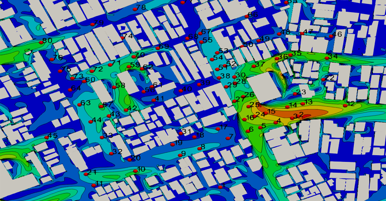 wind analysis results pinpointing areas of high wind velocity