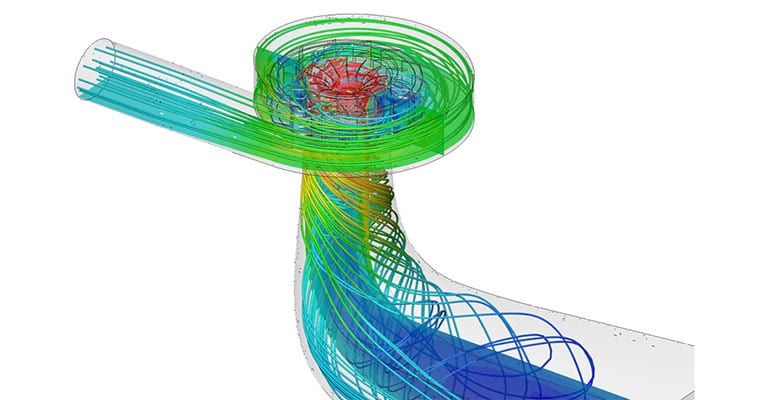 CFD analysis shows fluid flow through a centrifugal pump with impeller pump blades inside 