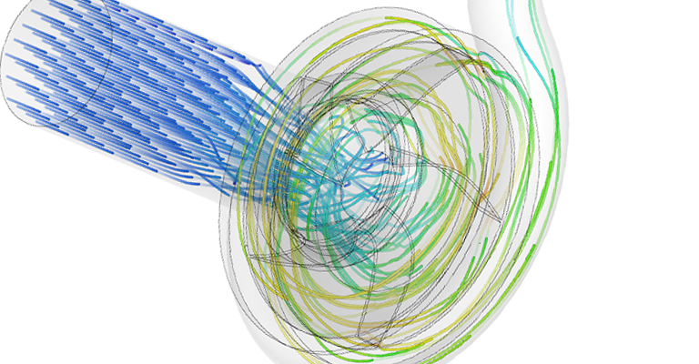 particle trace analysis shows fluid entering the impeller of a pump design