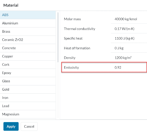 Emissivity property field in the material definition