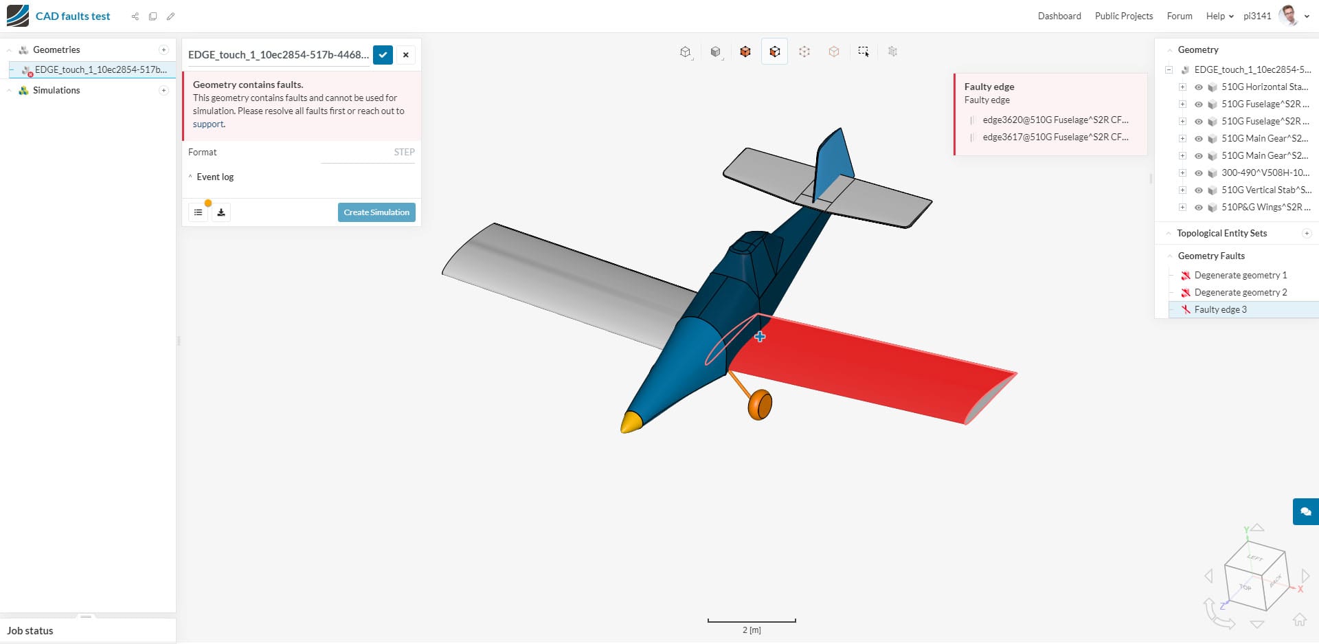 cad faults interface shown within the simscale platform