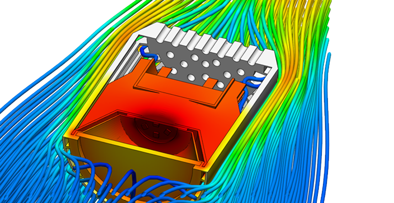 Velocity streamlines and temperature distribution of the solid components of the LED spotlight