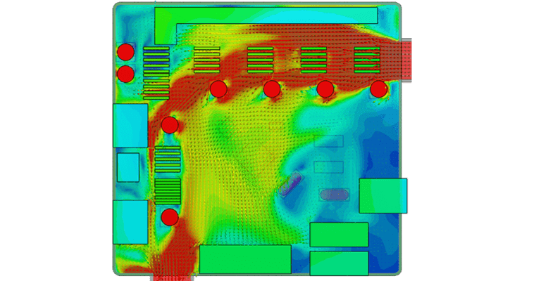 conjugate heat transfer (CHT) simulation results showing high flow over heat sinks at the inlet