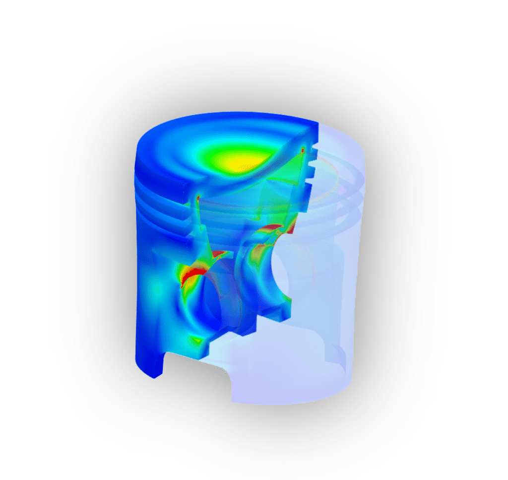cutting plane with visualization of stress distribution of a engine piston after thermomechanical analysis