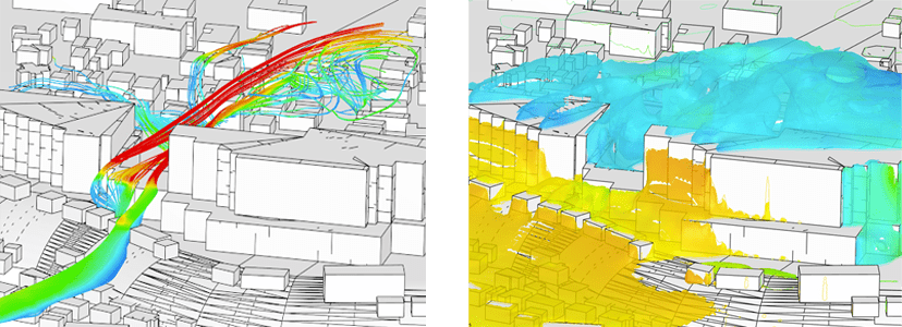 particle traces and an ISO surface of velocity shaded by pressure