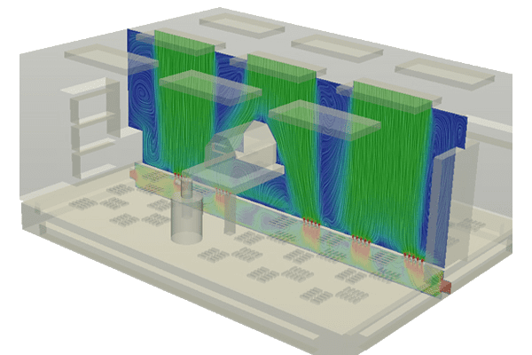 Streamlines showing ventilation inside a clean room flowing in a laminar regime