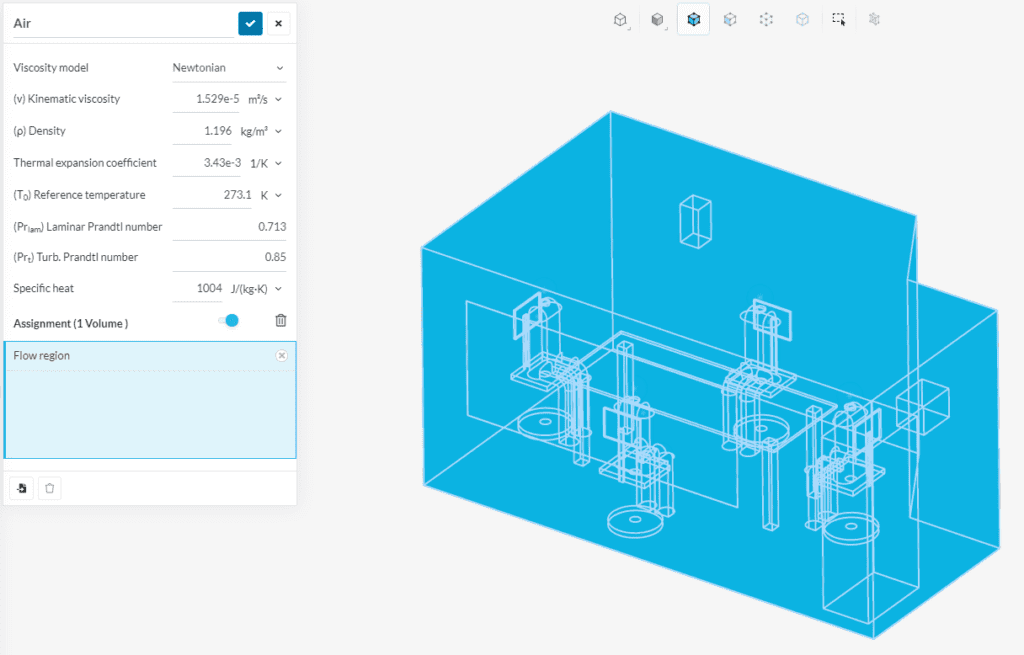 choosing the material parameters for the air and flow region assignment 