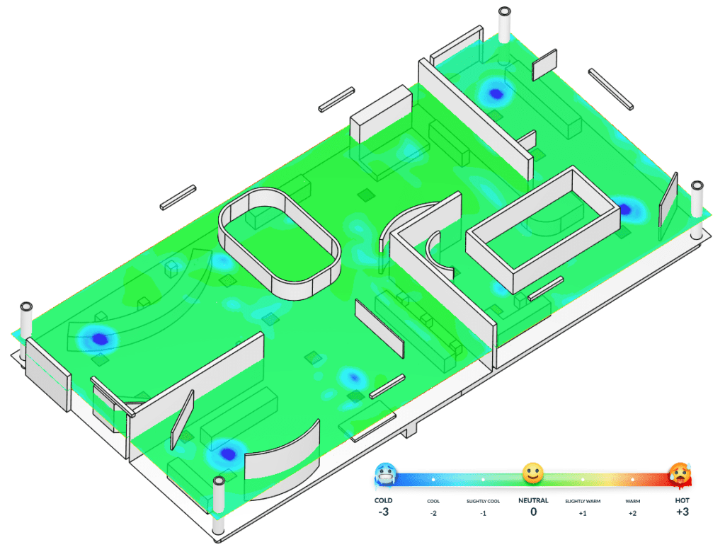 PMV contour plot at 1.5m height across the exhibition hall, testing the thermal environment