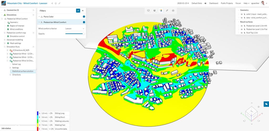 A pedestrian wind comfort study performed online with CFD software
