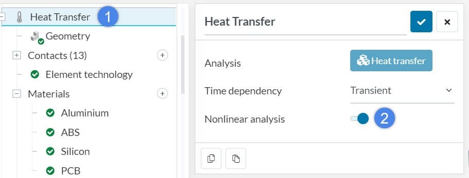 this picture shows the assignment of a transient and nonlinear heat transfer simulation setup
