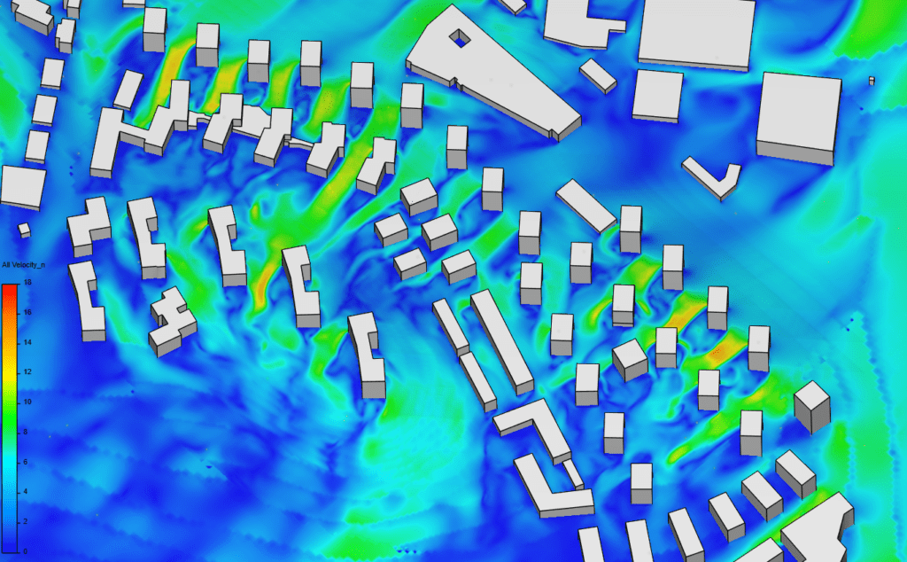 Transient simulation results showing the wind’s acceleration between buildings (Source: SimScale)