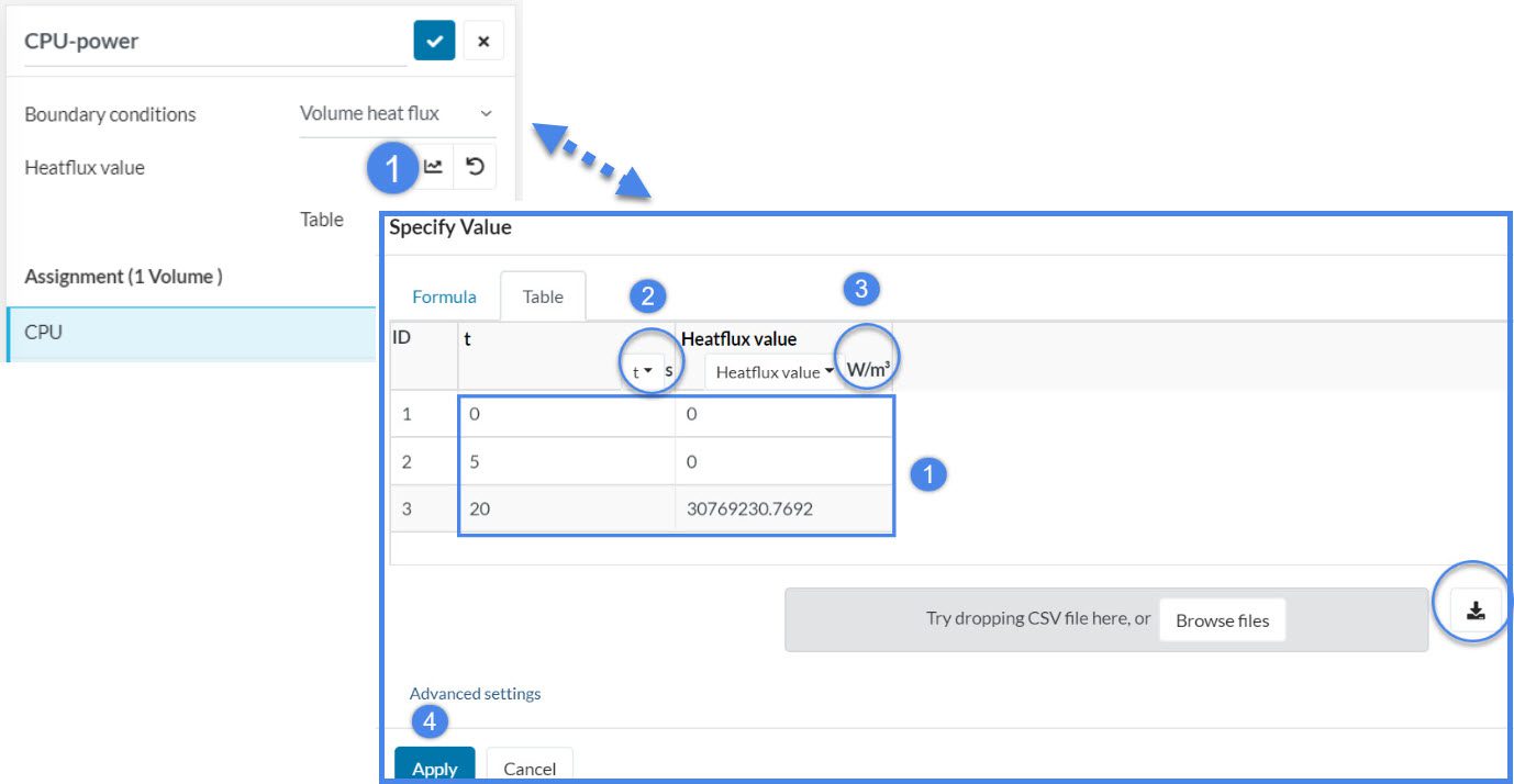 this picture shows how to create a table to define temperature dependent heat flux boundary condition
