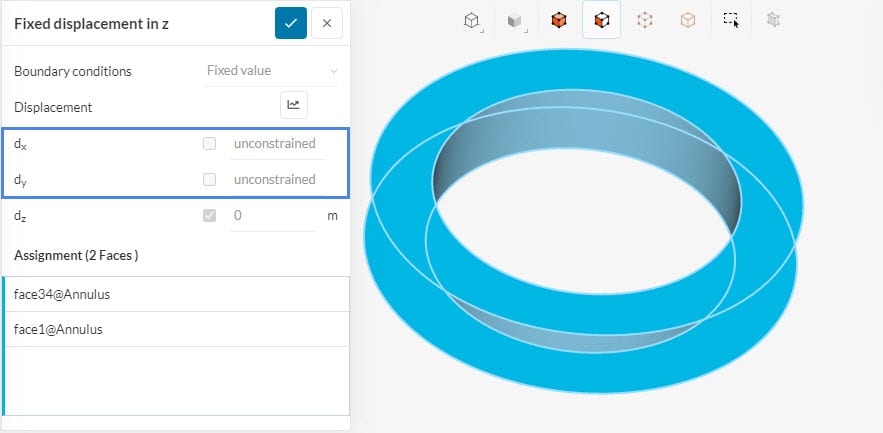 displacement fixed in the z-axis but unconstrained otherwise.
