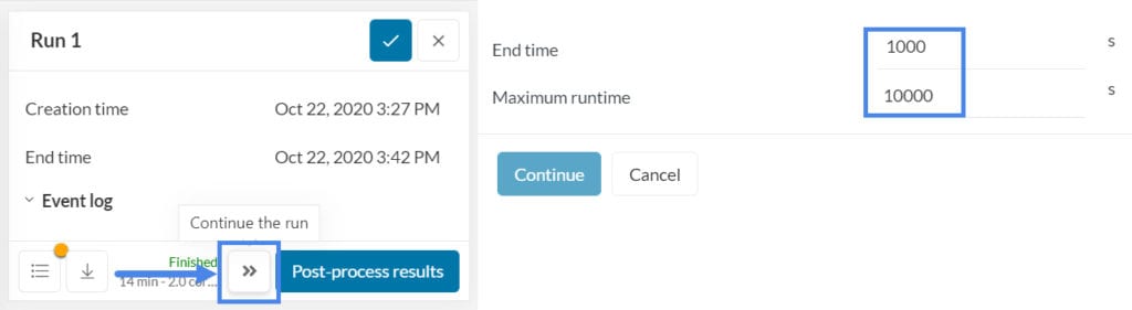 continue the run feature in simscale platform