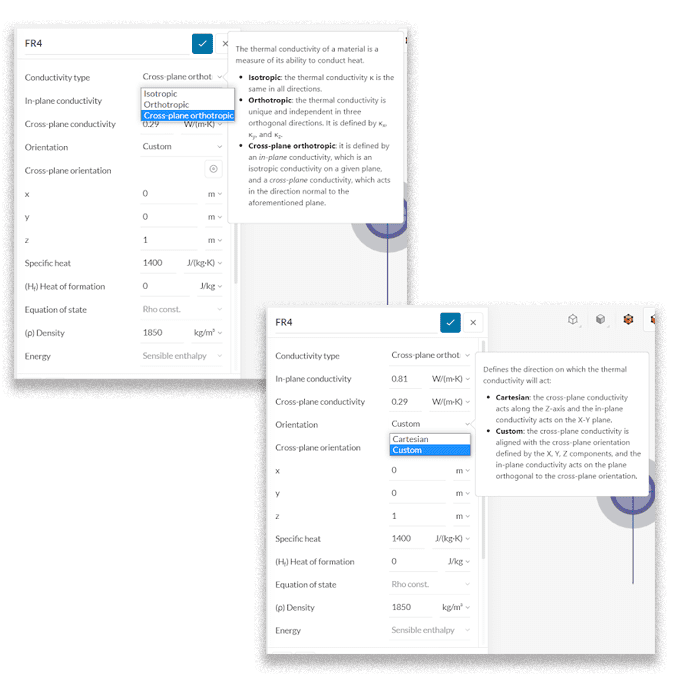 product update simscale platform panel with in-plane conductivity options (left) and orientation options (right)