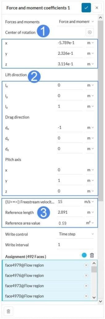 coefficients for forces and moments settings using reference length reference area value freestream velocity