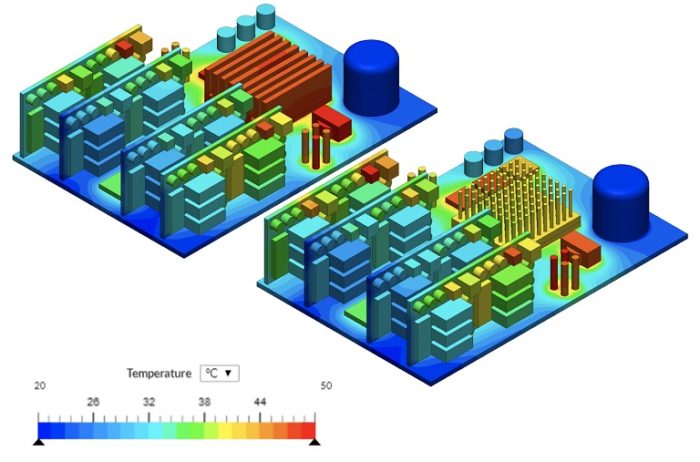 Thermal management simulation showing different heat sink geometries