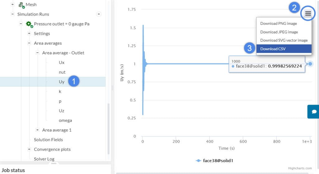 visualization and download of a velocity data per iteration in simscale