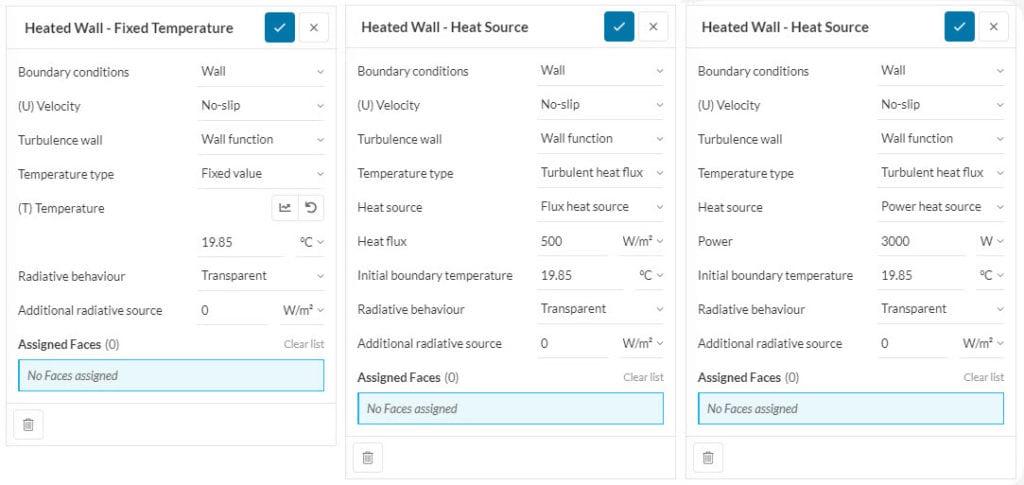 heated wall settings constant temperature heat flux and power source conditions