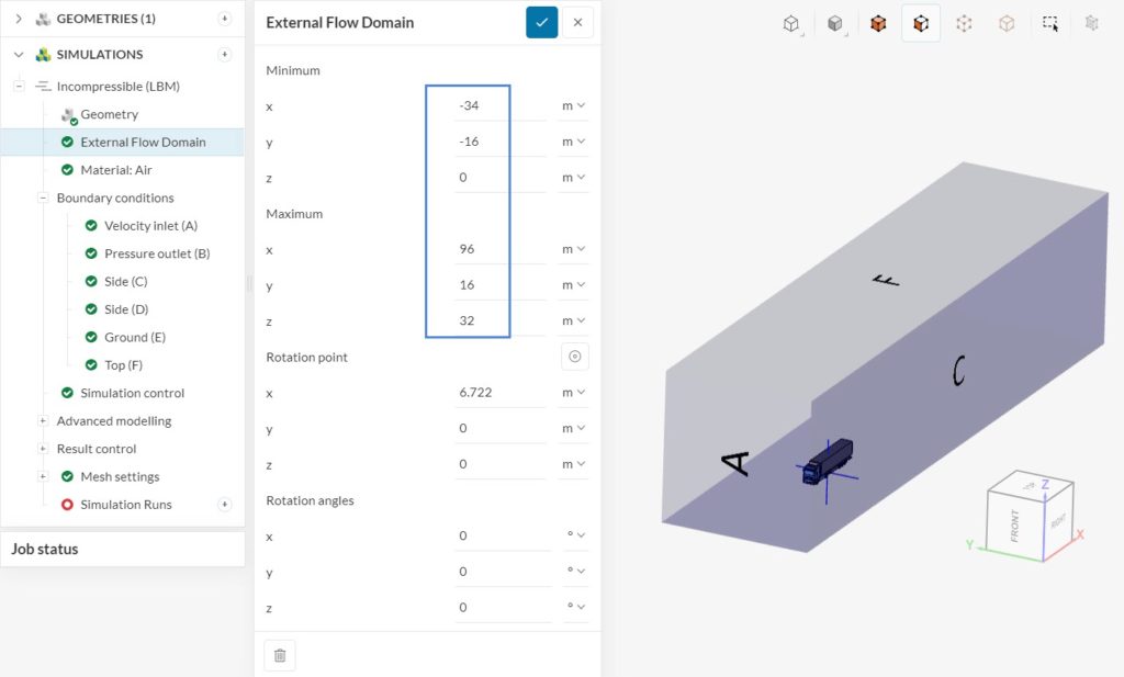 external flow domain setup properties for a truck simulation