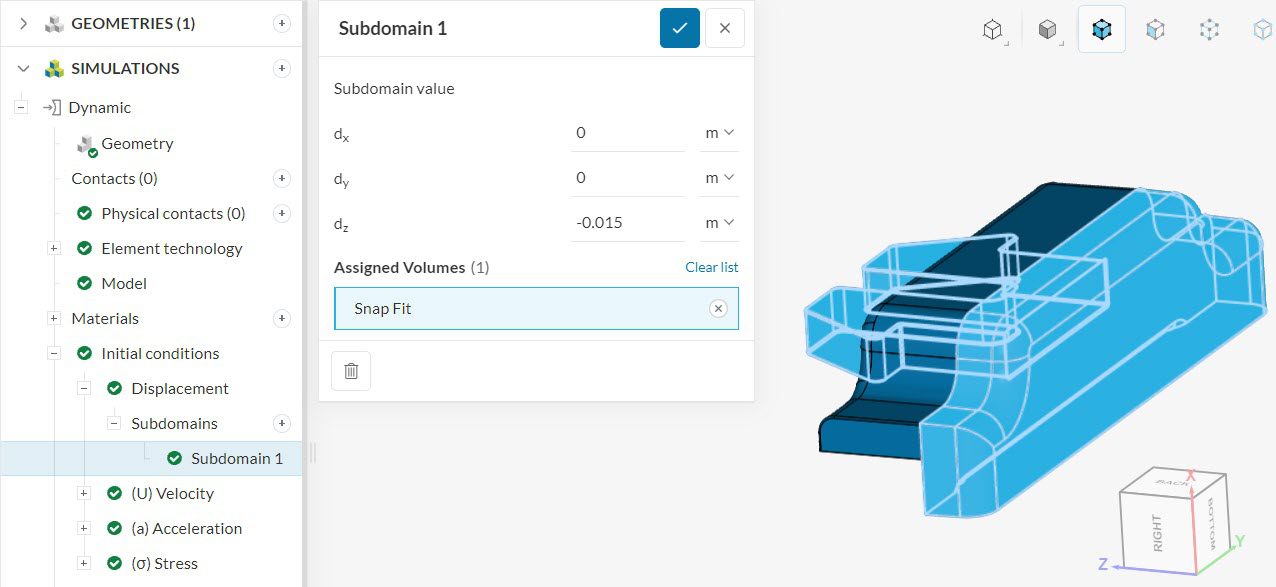 initial displacement for a dynamic snap fit analysis