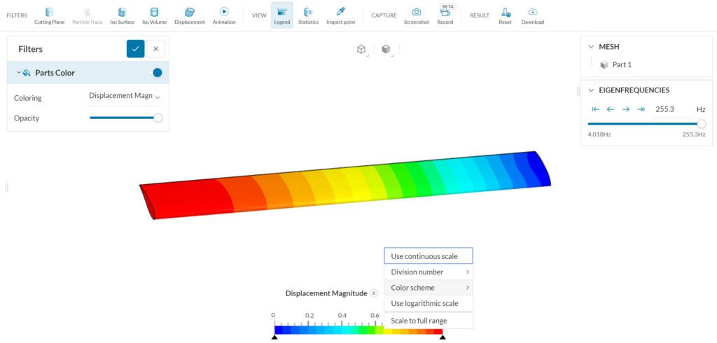 choosing continuous scale and displacement magnitude in post processing