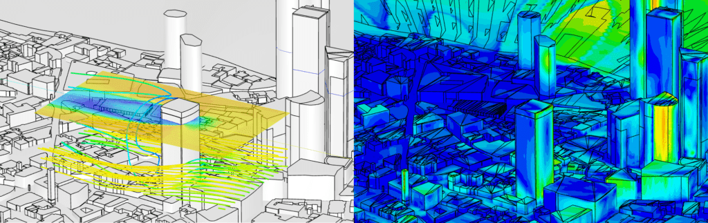 simscale lbm solver post-processing output of a city model, where the wind passes around the buildings and resulting velocity distribution on the buildings