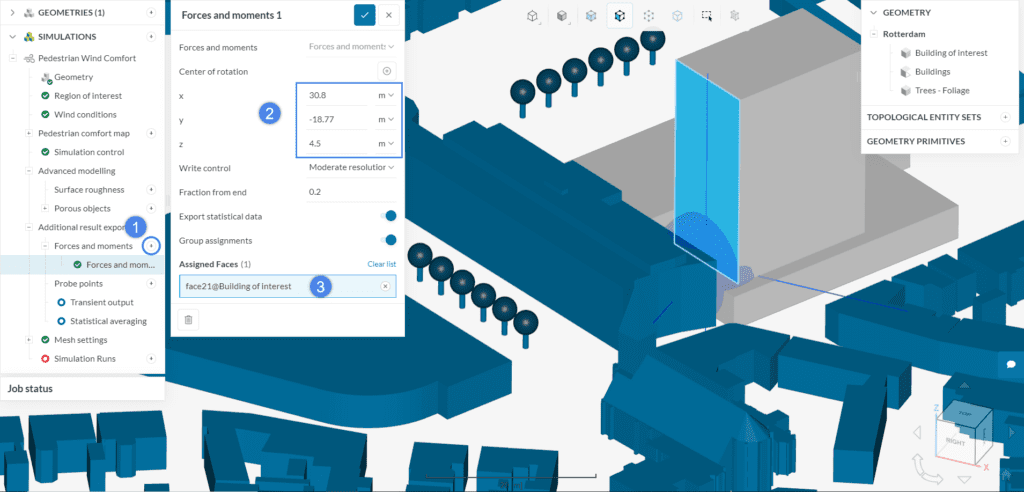 forces and moments dialog box for pedestrian wind comfort simulation