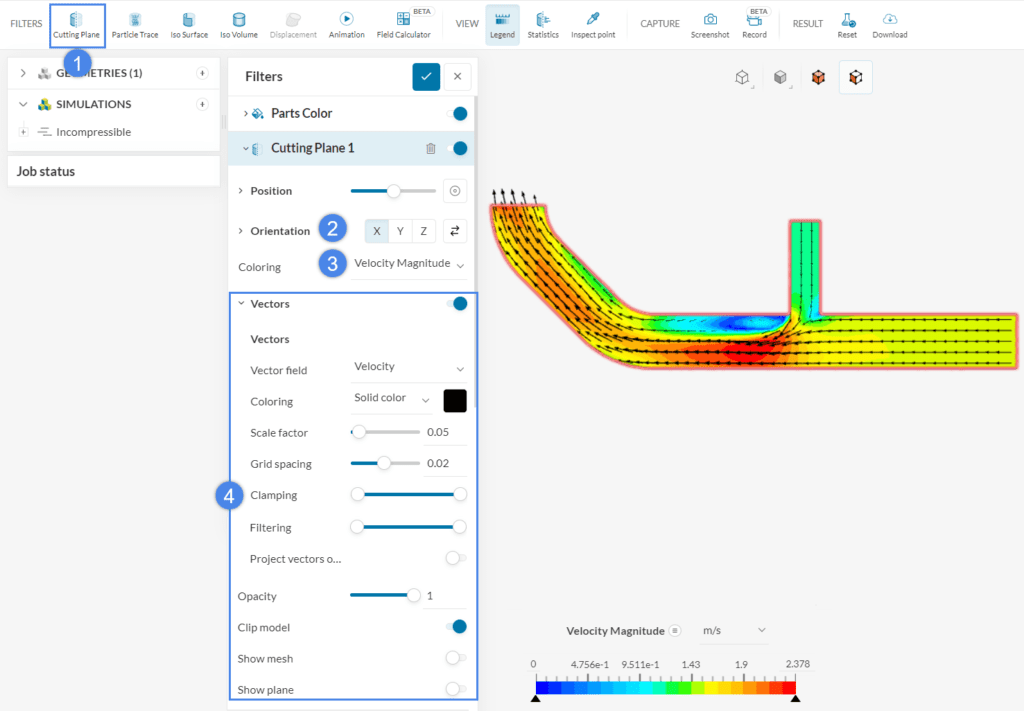 cutting plane settings as one of the filters to post-process fluid flow simulation