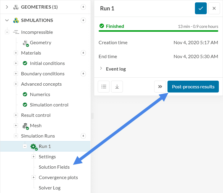 accessing the post-processing environment in simscale to start post-process of fluid flow simulation