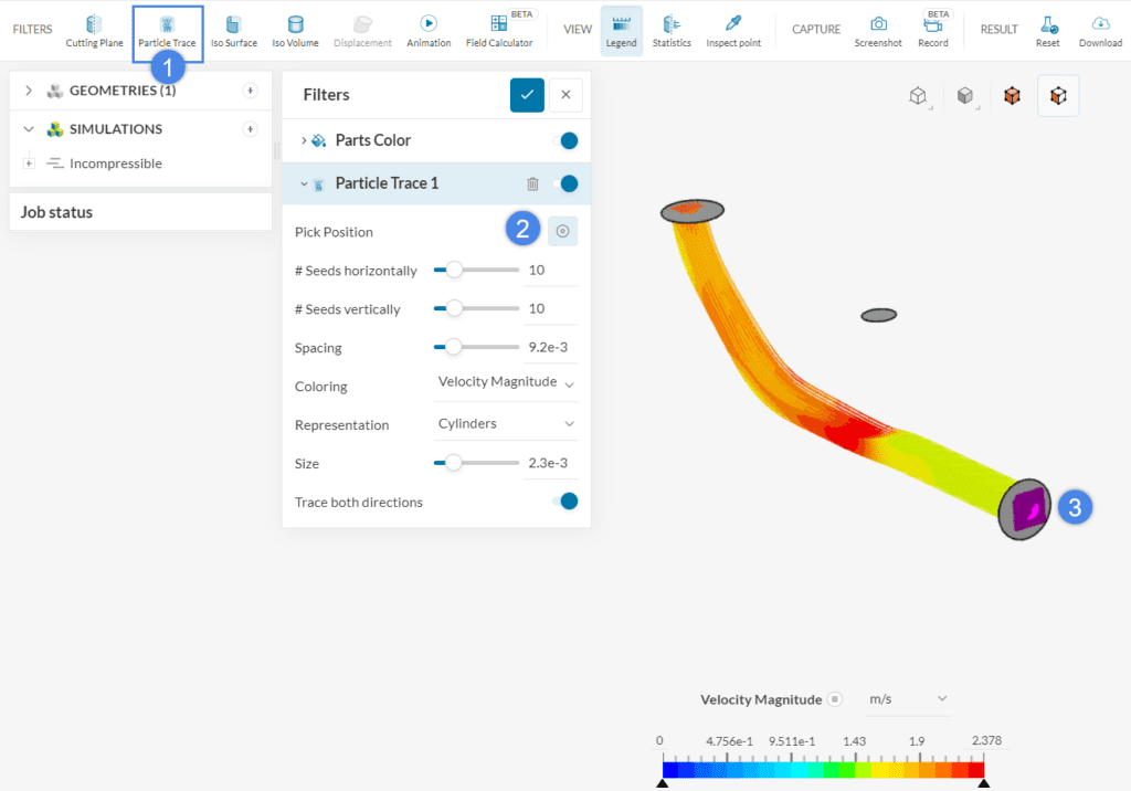 particle traces settings and example of particle traces going through a pipe as one of the filters to post-process fluid flow simulation