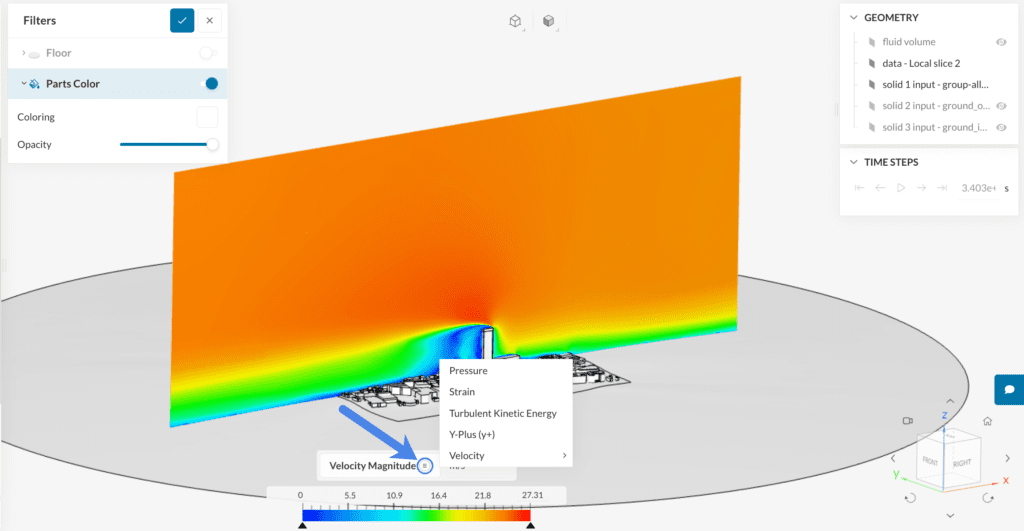 clicking on the menu for the parameters for visualization on slice