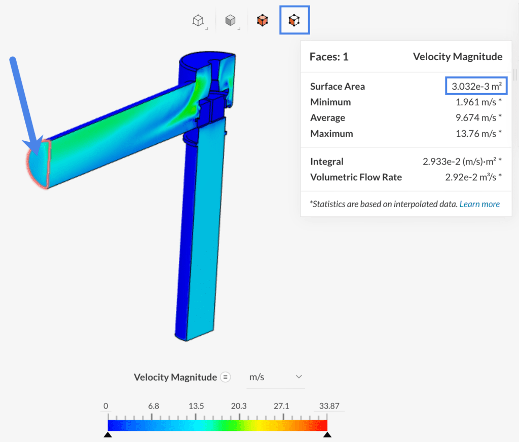 face selection and the surface area data on the statistics panel