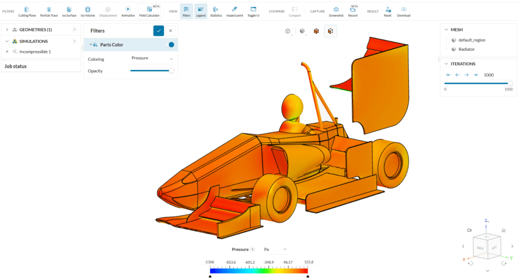 Visualization of  pressure distribution on the geometry using filters