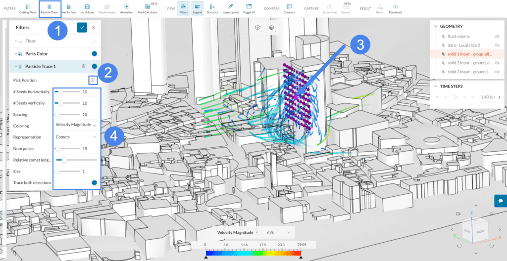 this picture shows how to create particle traces and place the seeds on flow domain
