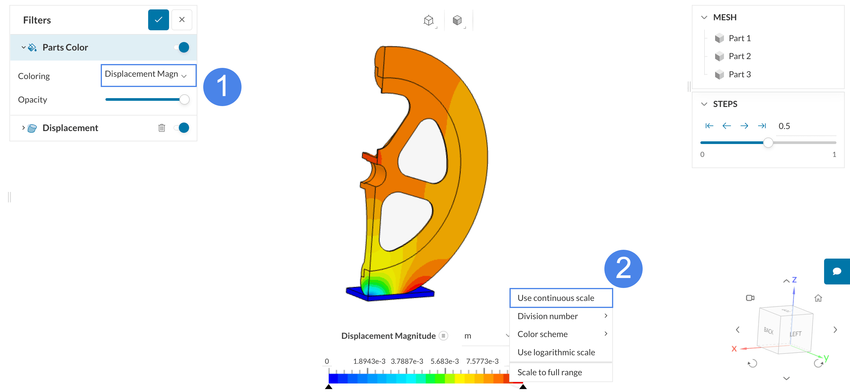 displacement magnitude using continuous scale