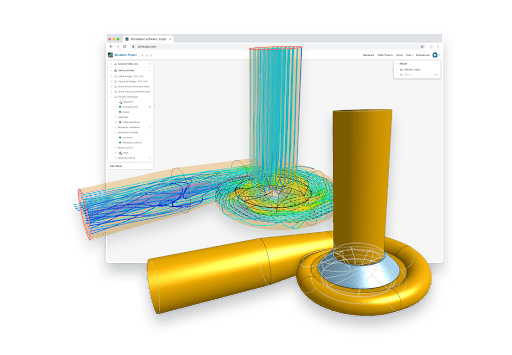 CAD model of a centrifugal pump and the pump’s CFD simulation results showing flow streamlines within the SimScale Workbench platform running in a web browser