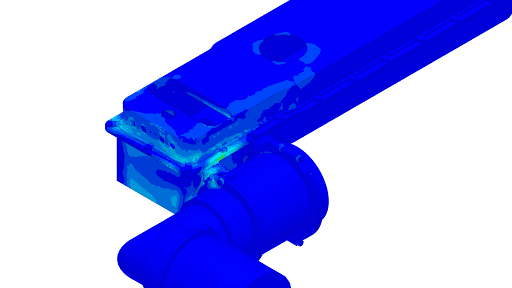 Autonomous robot structural simulation showing the dynamic loads on the leg to body attachment used to evaluate fastening options.