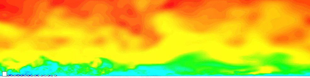 Transient CFD simulation animation using the lattice Boltzmann method (LBM) to model the atmospheric boundary layer (ABL) in the SimScale virtual wind tunnel.