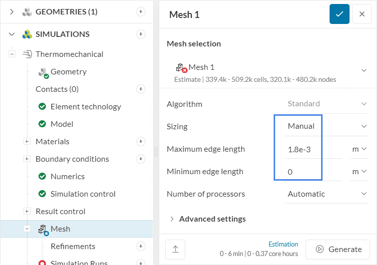 mesh settings for second order mesh with manual mesh sizing, a maximum edge length of 0.0018 m and second order elements enabled