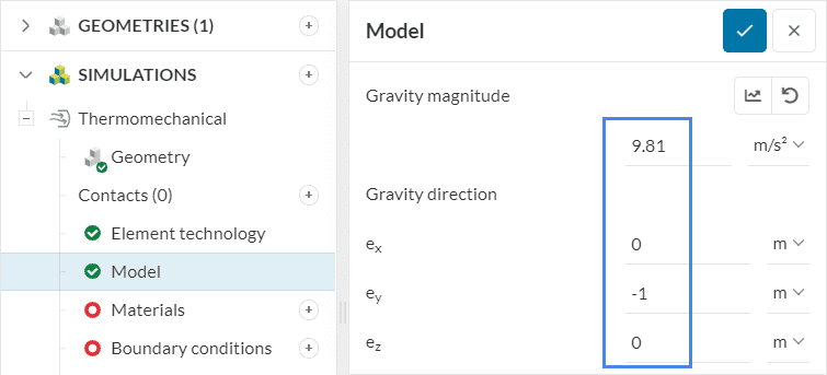 model dialog box with gravity magnitude of -9.81 m^2/s in the direction of 1 in ey